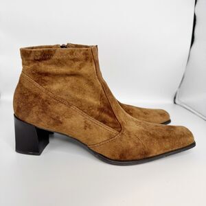 Franco Sarto Faux Suede Leather Square Toe Block Heel Ankle Boots Size 9 Cognac